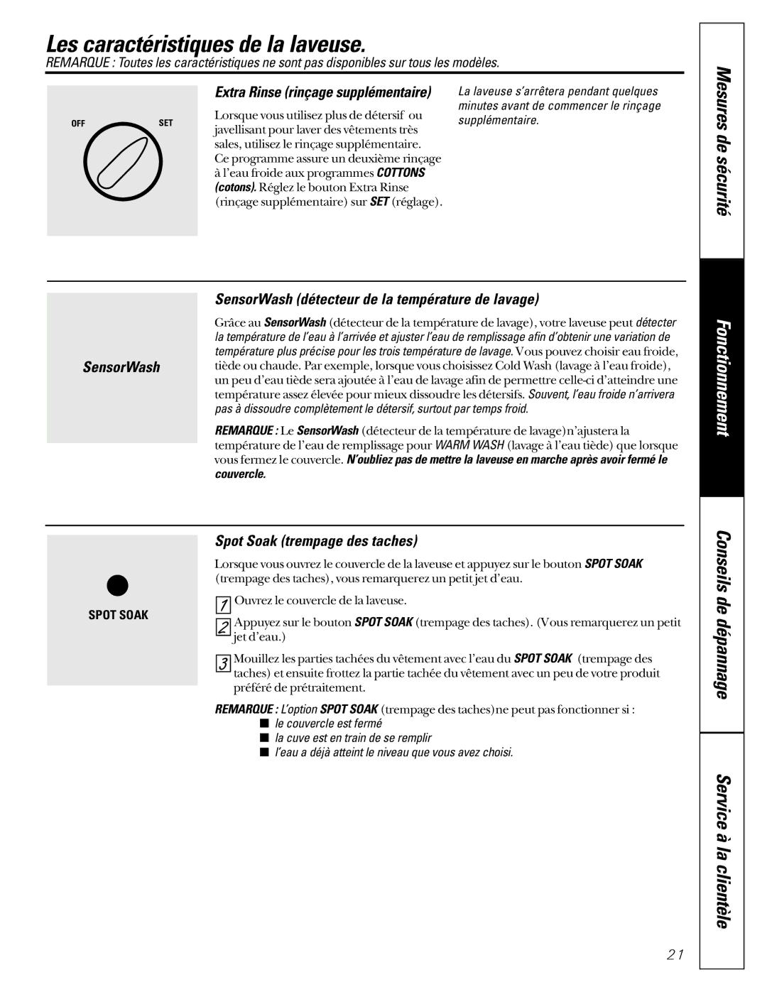 GE WASR3110 owner manual Les caractéristiques de la laveuse, SensorWash détecteur de la température de lavage 