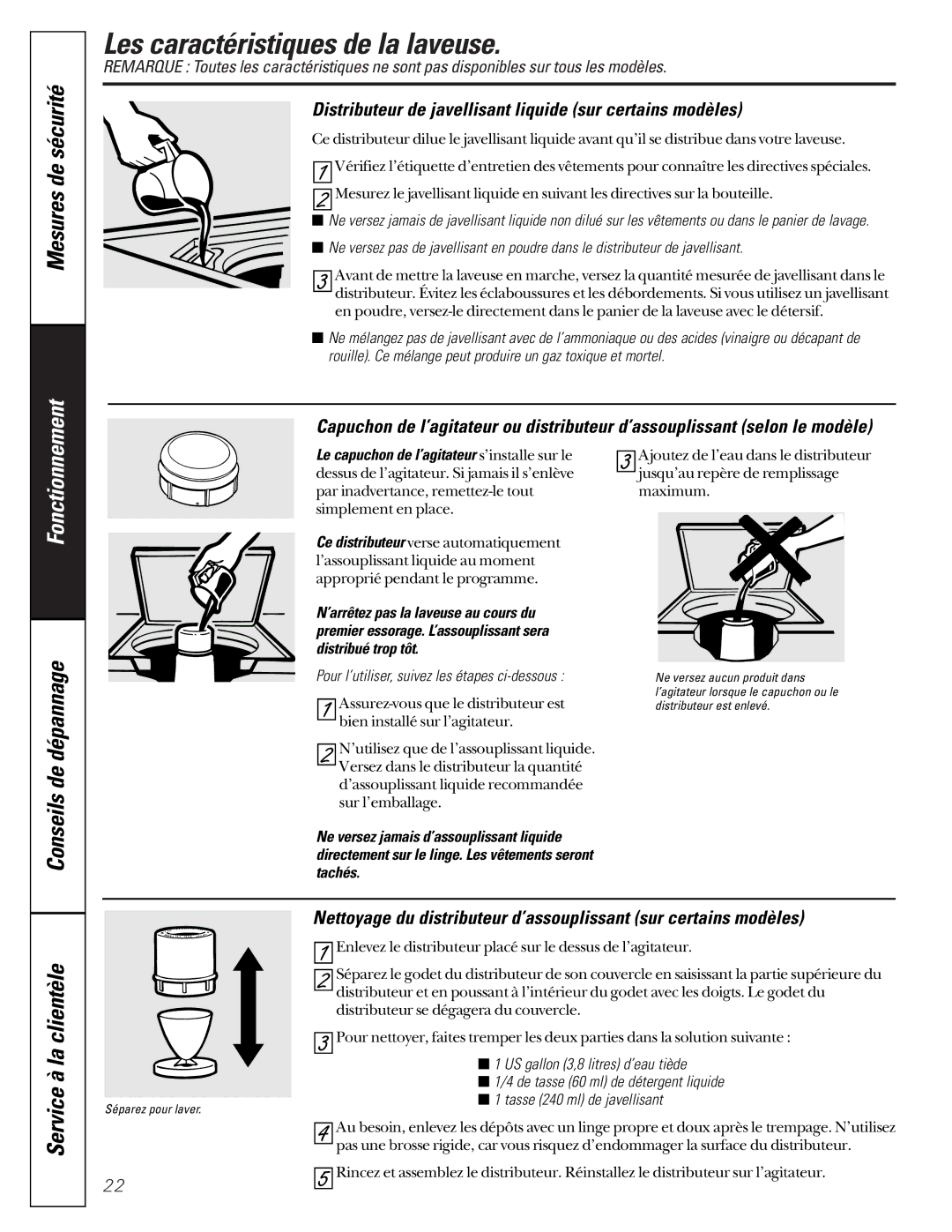 GE WASR3110 Distributeur de javellisant liquide sur certains modèles, Pour l’utiliser, suivez les étapes ci-dessous 