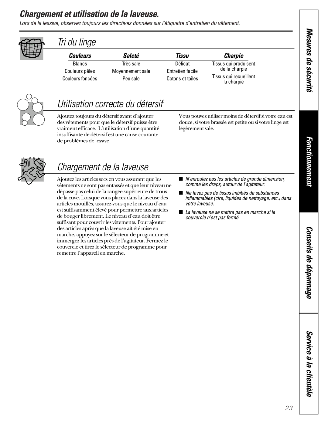 GE WASR3110 Tri du linge, Utilisation correcte du détersif, Chargement de la laveuse, Couleurs Saleté Tissu Charpie 