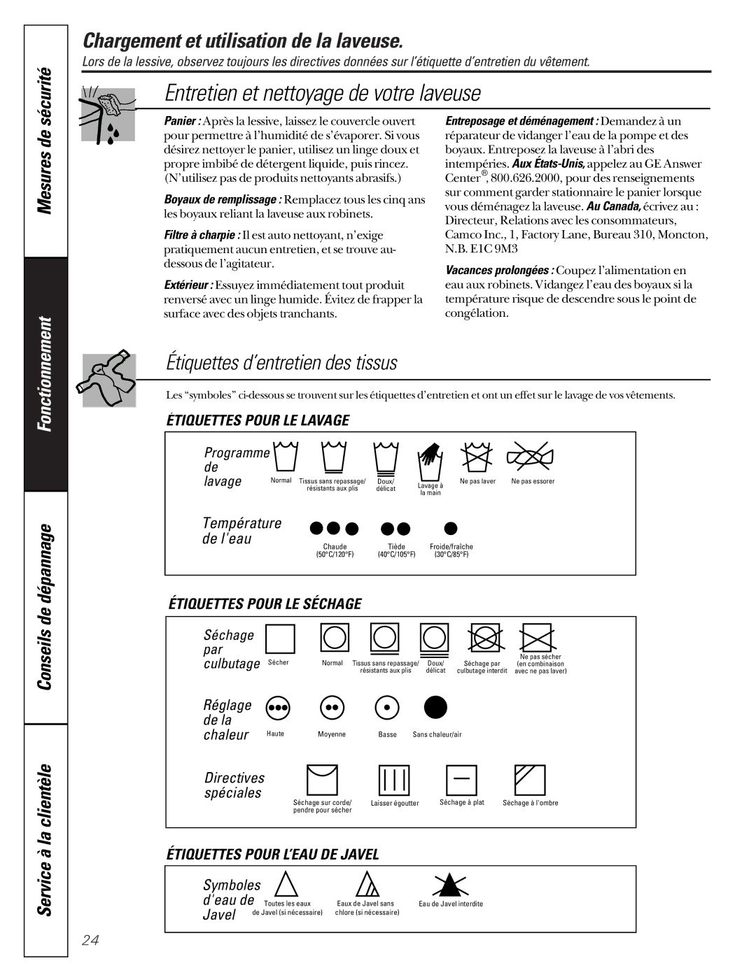 GE WASR3110 owner manual Entretien et nettoyage de votre laveuse, Mesures de, Réglage 