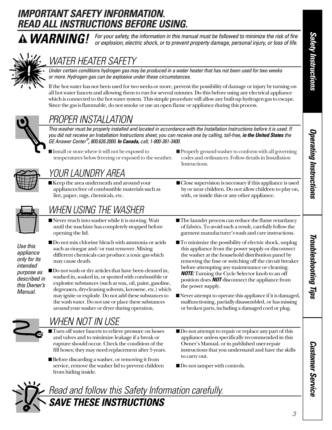 GE WASR3110 owner manual Read and follow this Safety Information carefully, Safety Instructions, Customer Service 