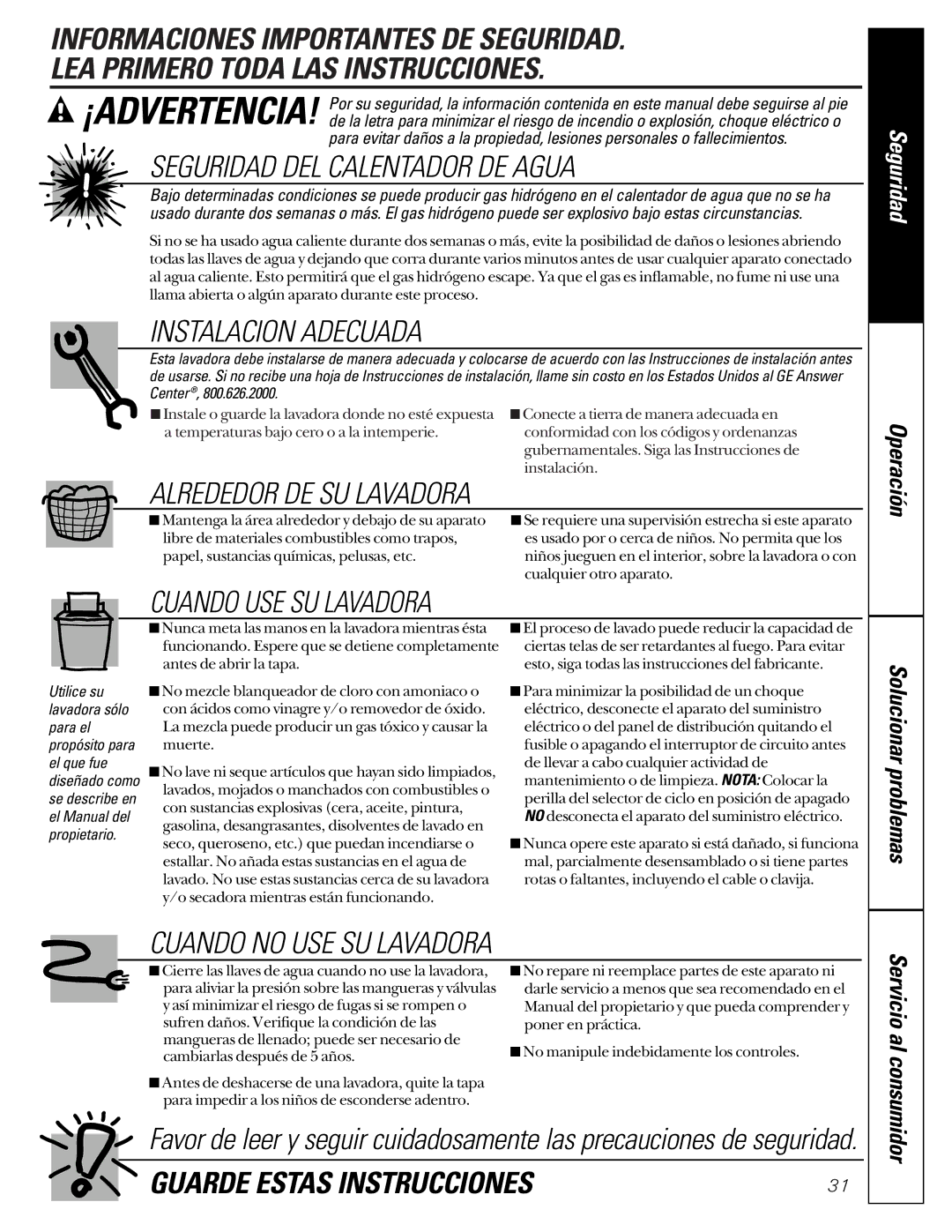 GE WASR3110 owner manual Seguridad DEL Calentador DE Agua 