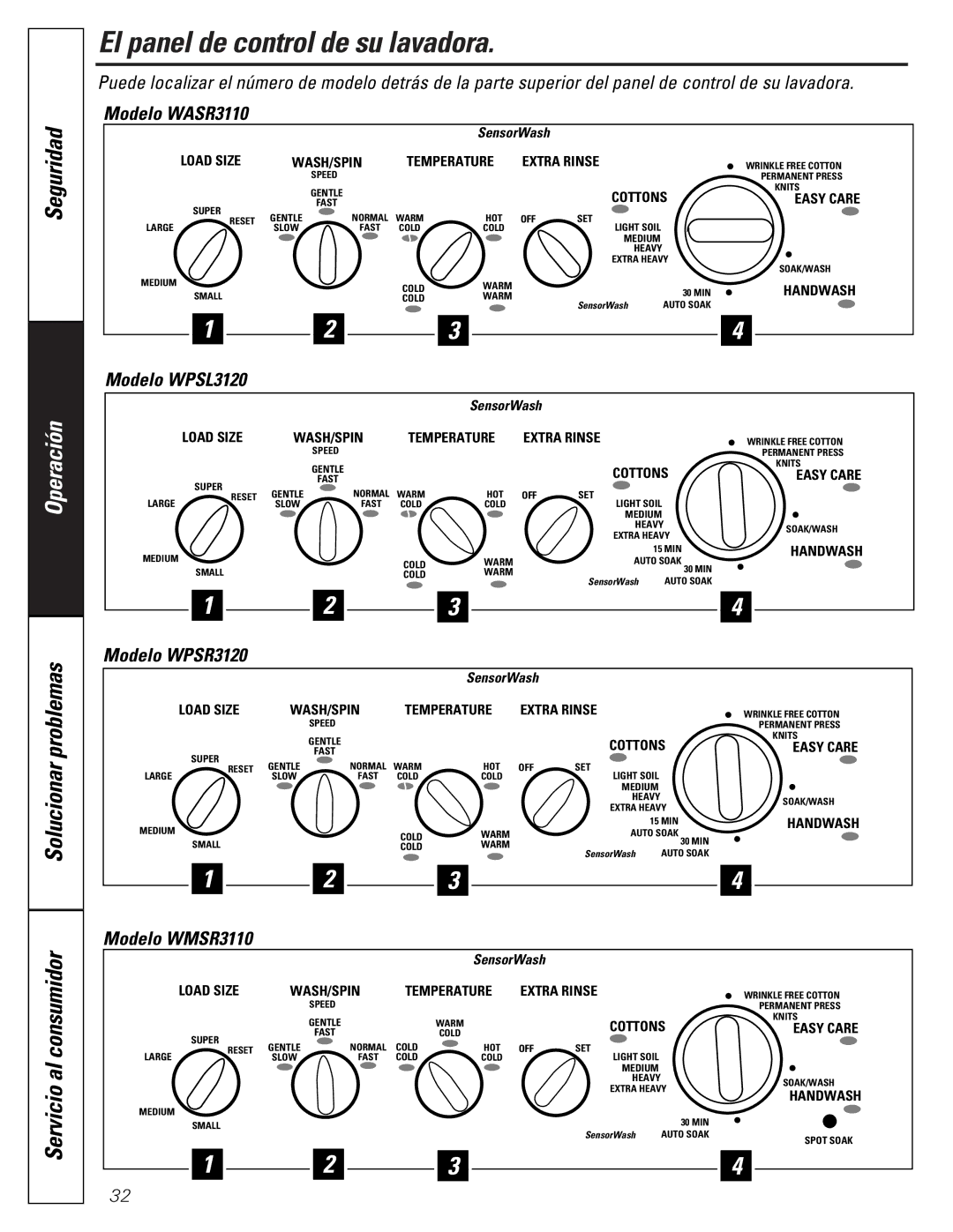 GE WASR3110 owner manual El panel de control de su lavadora, Seguridad, Operación, Problemas, Solucionar 