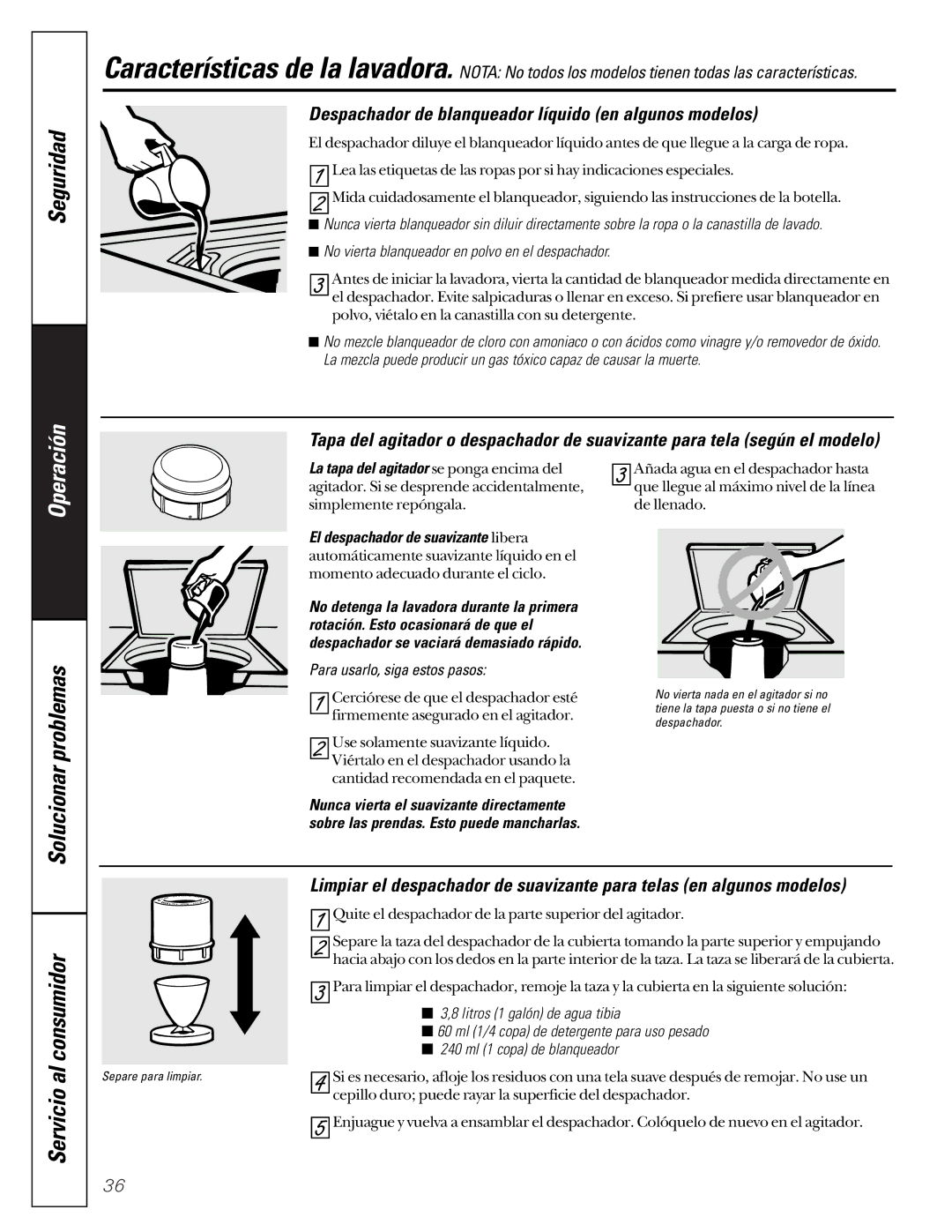 GE WASR3110 owner manual Despachador de blanqueador líquido en algunos modelos, Para usarlo, siga estos pasos 