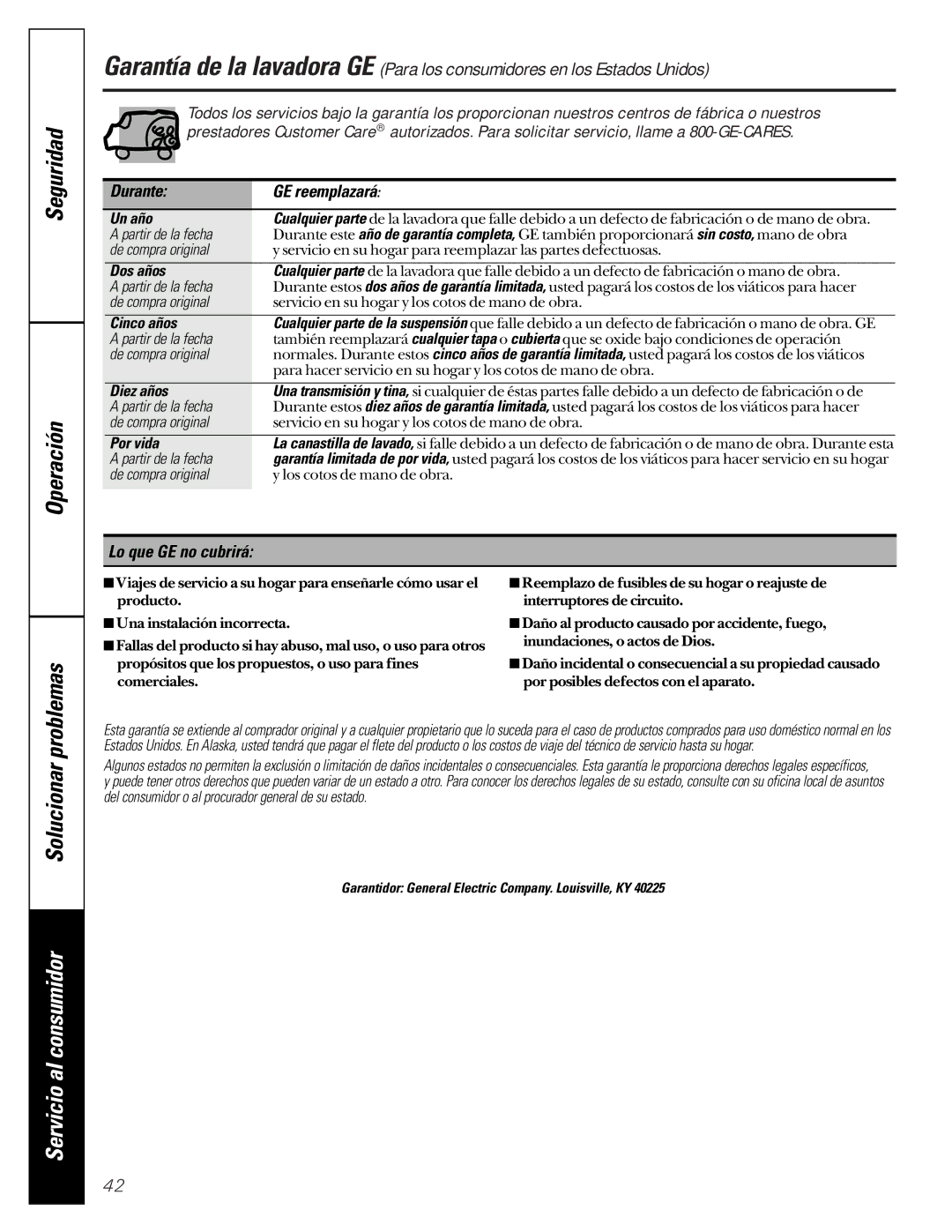 GE WASR3110 owner manual Seguridad Operación Solucionar problemas, Servicio al consumidor 