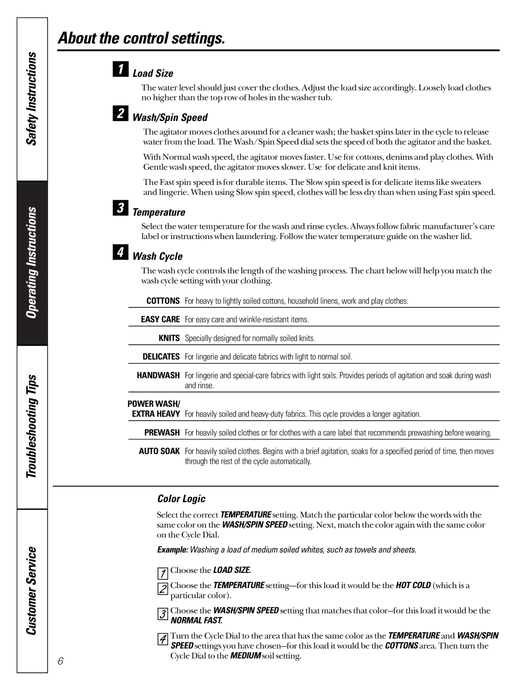 GE WASR3110 owner manual About the control settings 