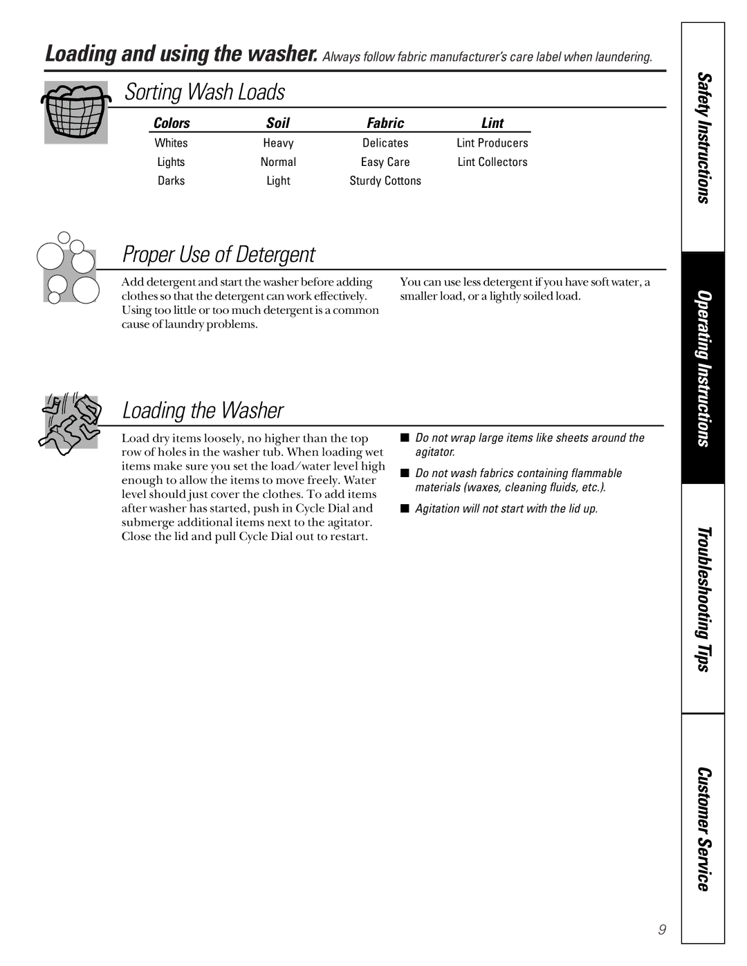 GE WASR3110 owner manual Sorting Wash Loads, Proper Use of Detergent, Loading the Washer, Colors, Fabric Lint 