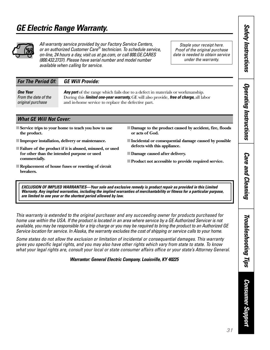 GE WB48X10057 warranty GE Electric Range Warranty, Care, Cleaning Troubleshooting Tips Consumer Support, GE Will Provide 