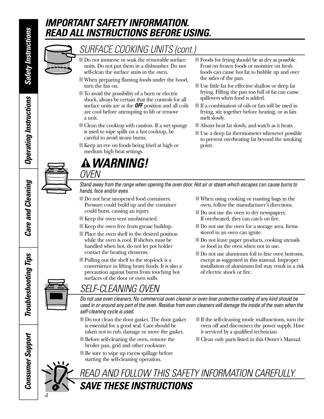 GE WB48X10056, WB48X10057 warranty Cleaning, Tips Care, Support, Operating Instructions Safety 