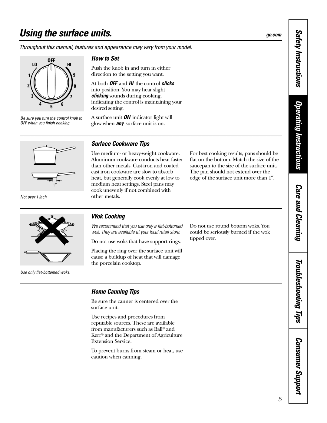 GE WB48X10057, WB48X10056 warranty Using the surface units, Safety, Tips Consumer Support 