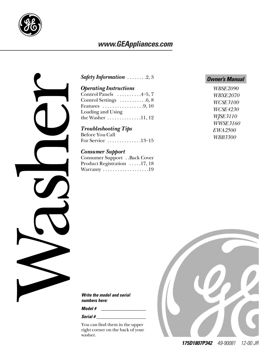 GE EWA2500, WBB3300 owner manual Washer, Write the model and serial numbers here Model # Serial # 