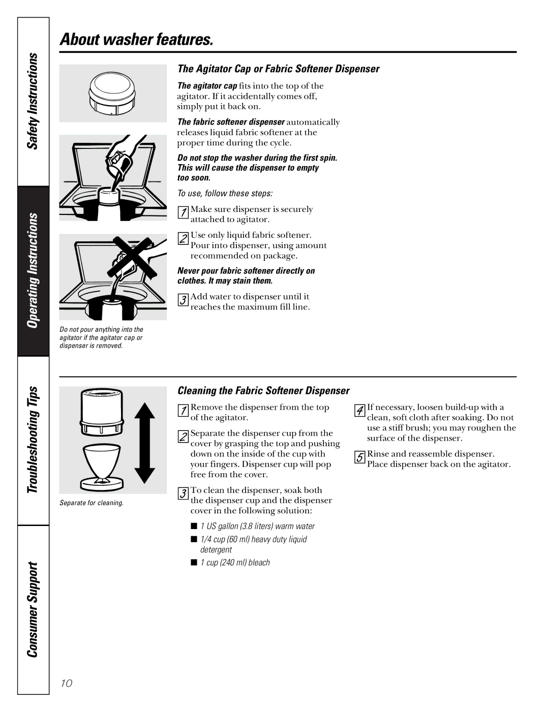 GE WBB3300, EWA2500 owner manual Agitator Cap or Fabric Softener Dispenser, To use, follow these steps 