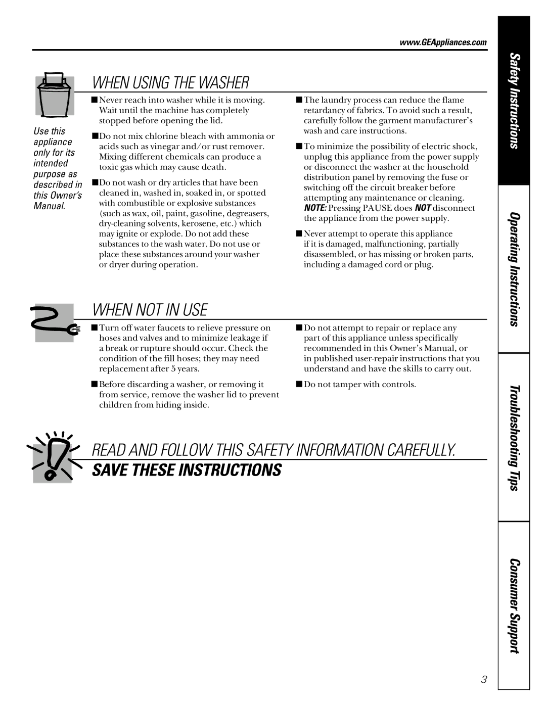 GE EWA2500, WBB3300 owner manual When Using the Washer, Operating Instructions 