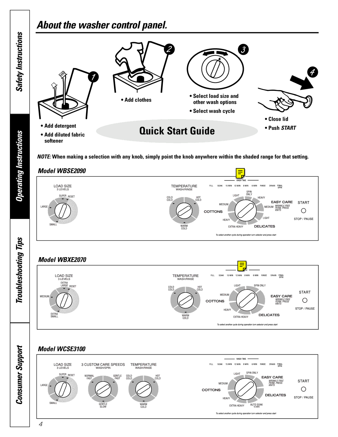 GE WBB3300, EWA2500 owner manual About the washer control panel, Model WBSE2090 Model WBXE2070 Model WCSE3100 