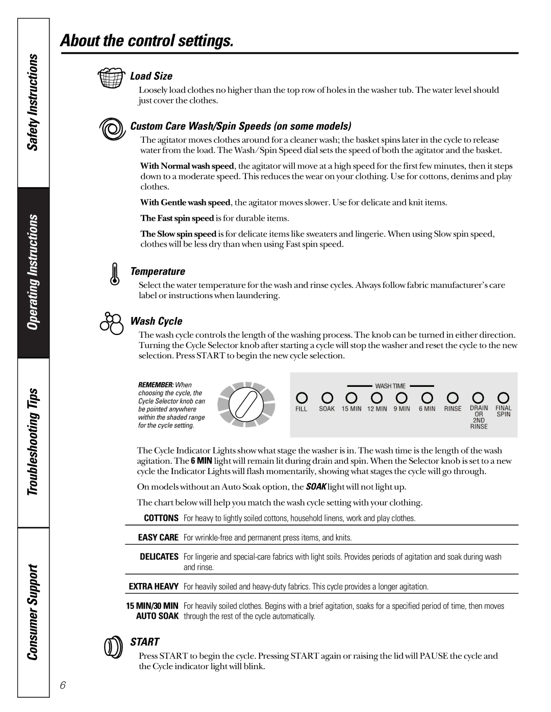 GE WBB3300 About the control settings, Load Size, Custom Care Wash/Spin Speeds on some models, Temperature, Wash Cycle 
