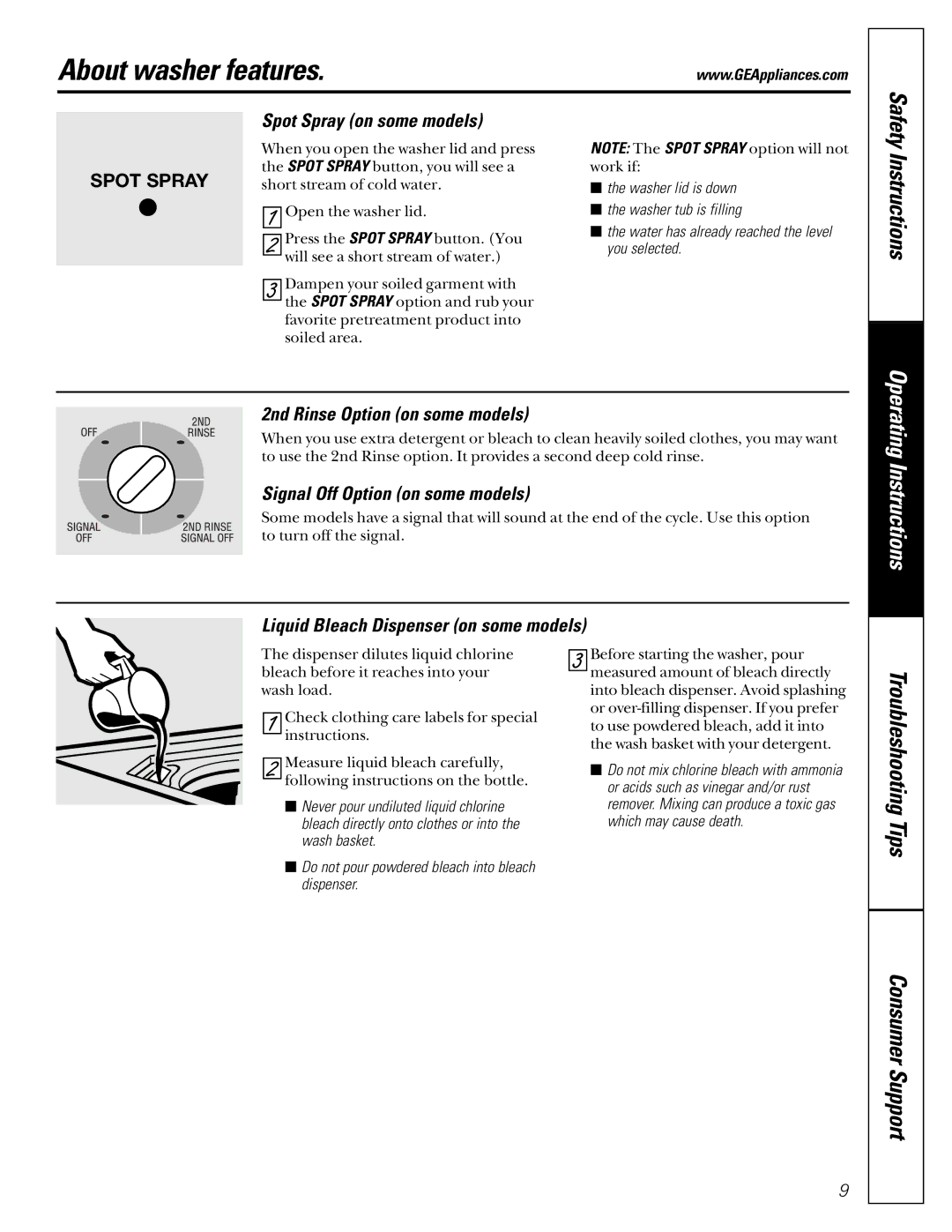 GE EWA2500, WBB3300 owner manual About washer features, Spot Spray on some models, 2nd Rinse Option on some models 