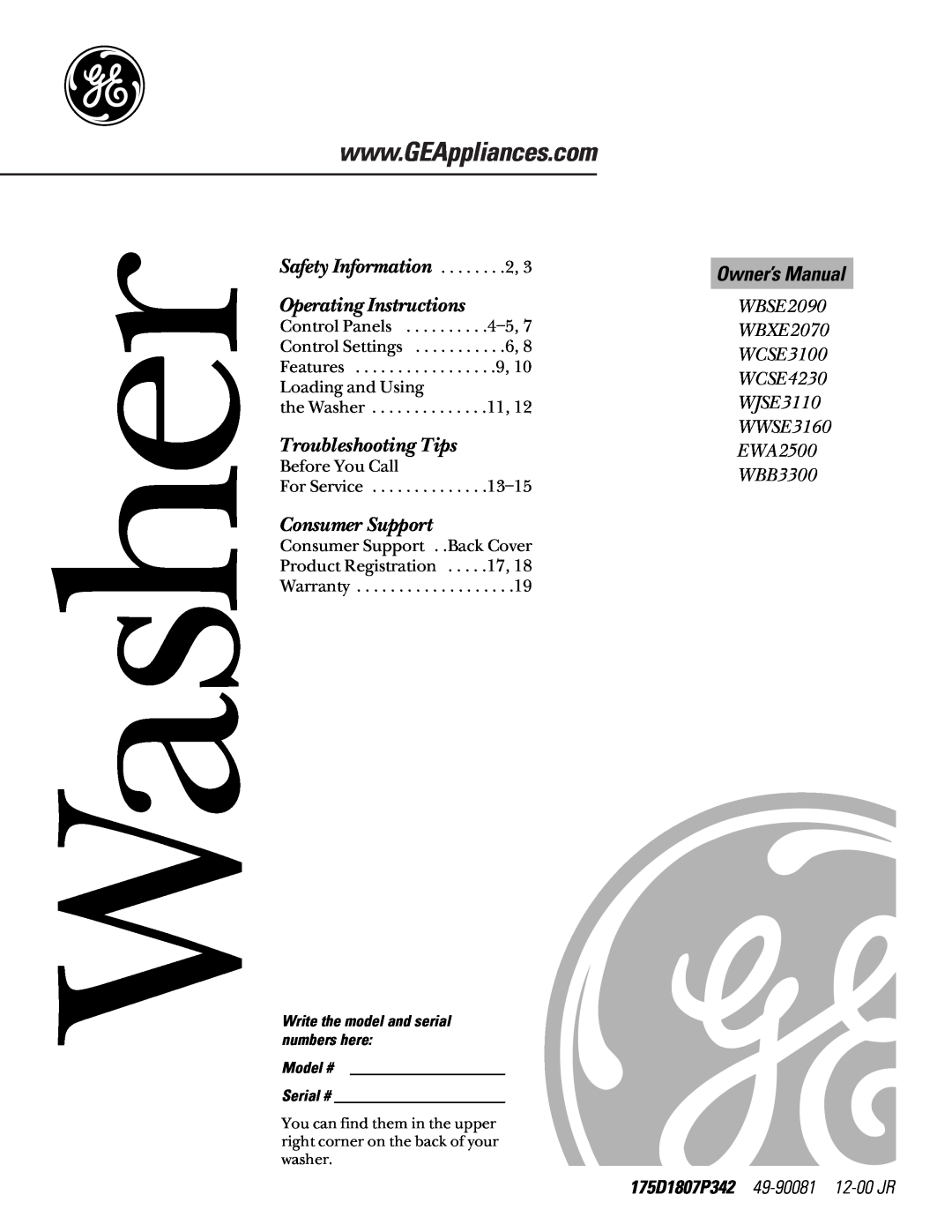 GE EWA2500 owner manual Owner’s Manual, 175D1807P342 49-90081 12-00 JR, Washer, Safety Information, Operating Instructions 