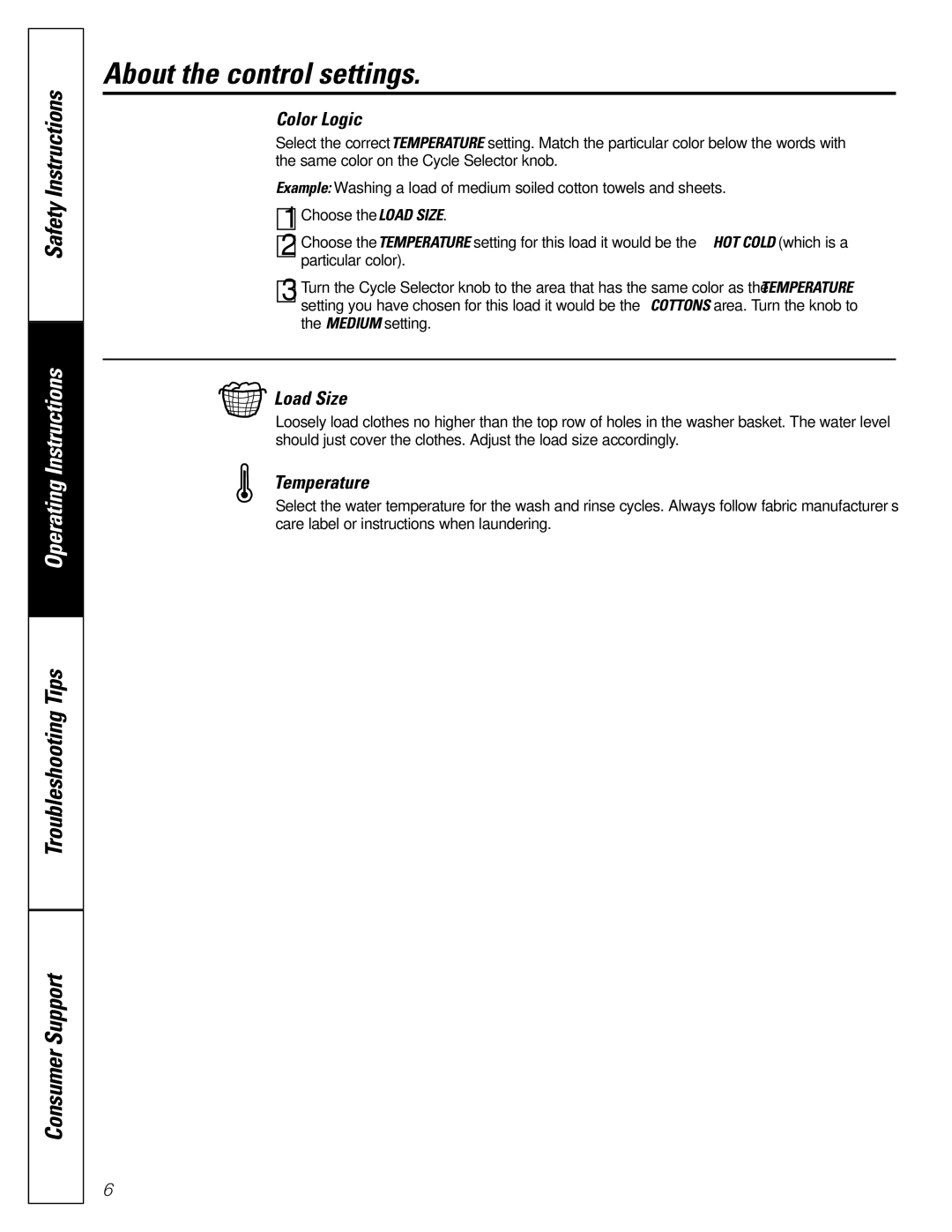 GE WBB4500, WARE5260, EWA4500 owner manual About the control settings, Color Logic, Load Size, Temperature 