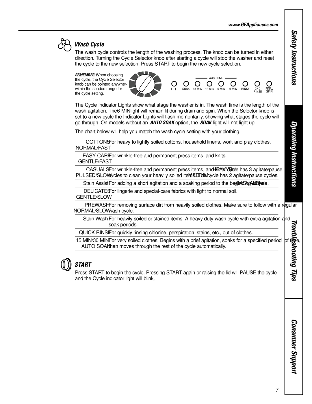 GE WARE5260, WBB4500, EWA4500 owner manual Wash Cycle, Casuals 