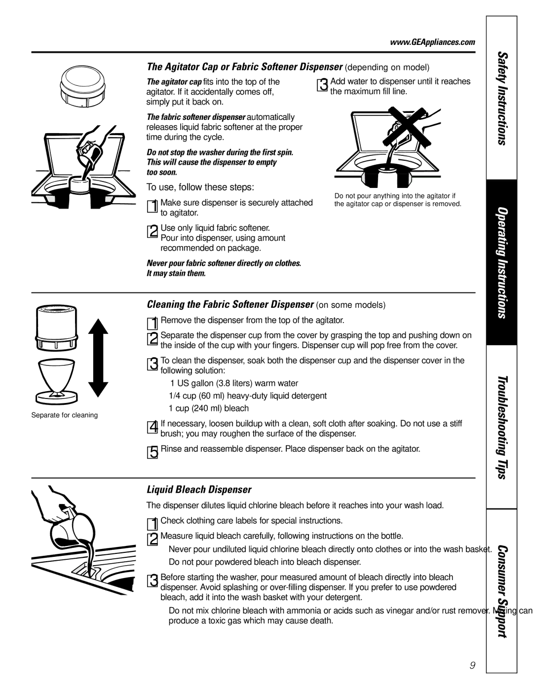GE WBB4500, WARE5260, EWA4500 Cleaning the Fabric Softener Dispenser on some models, Liquid Bleach Dispenser, Safety 