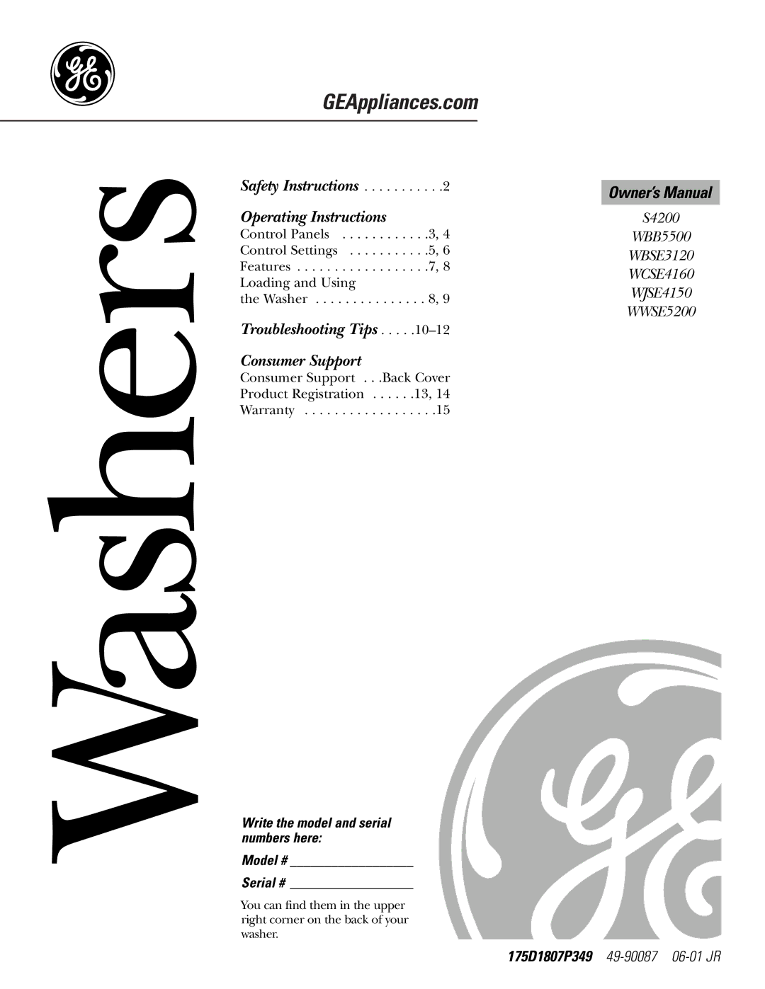 GE WBB5500 owner manual Washers 