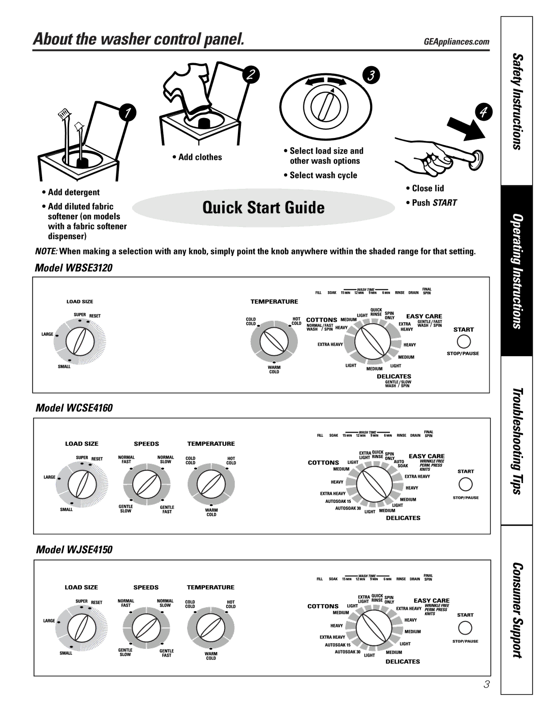 GE WBB5500 owner manual About the washer control panel, Model WBSE3120 Model WCSE4160 Model WJSE4150 