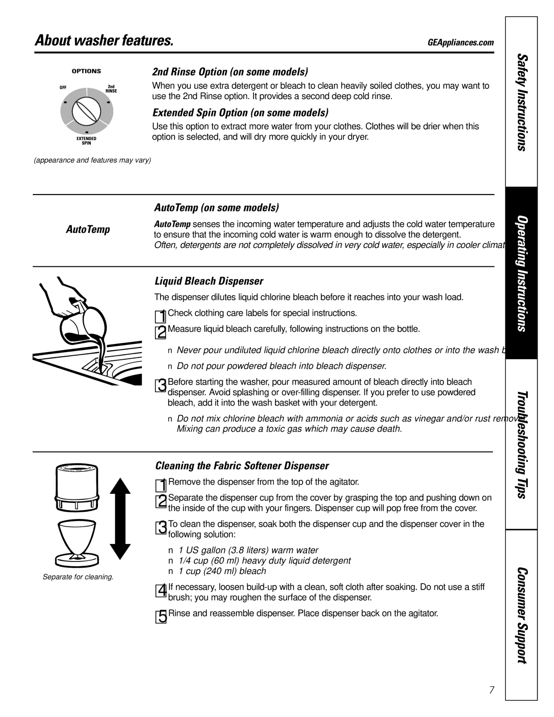 GE WBB5500 owner manual 2nd Rinse Option on some models, Extended Spin Option on some models, AutoTemp on some models 