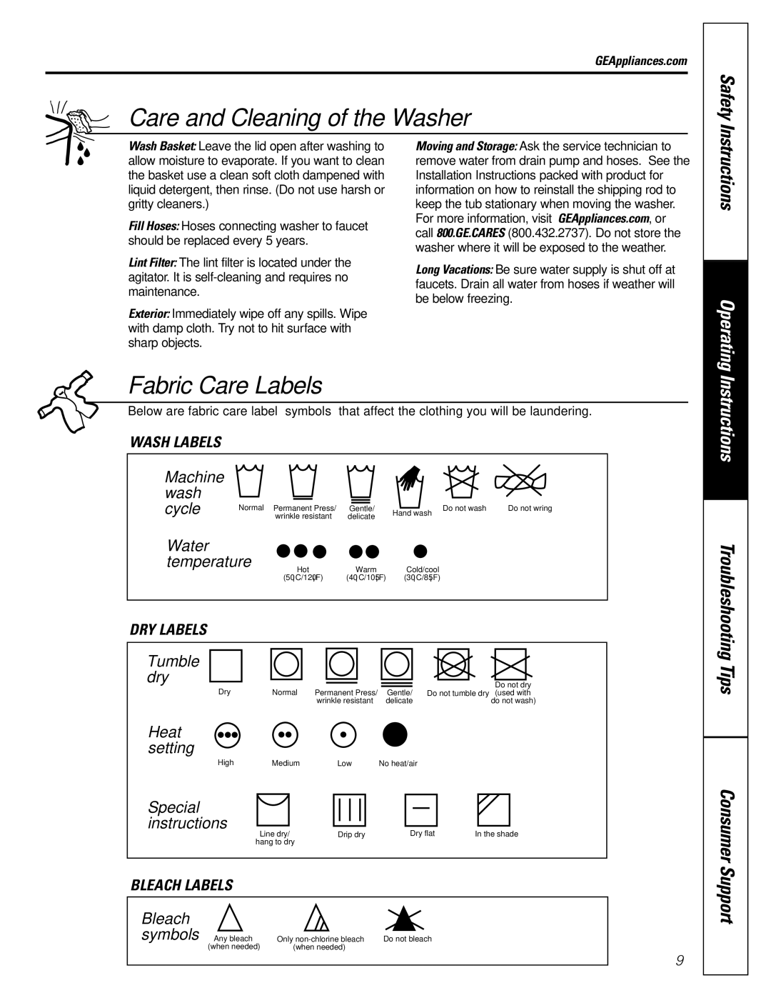 GE WBB5500 owner manual Care and Cleaning of the Washer, GEAppliances.com 