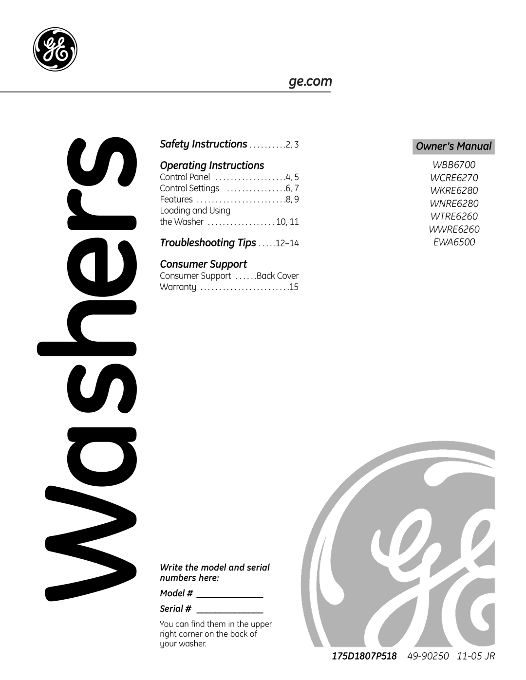 GE EWA6500, WBB6700 owner manual Washers 