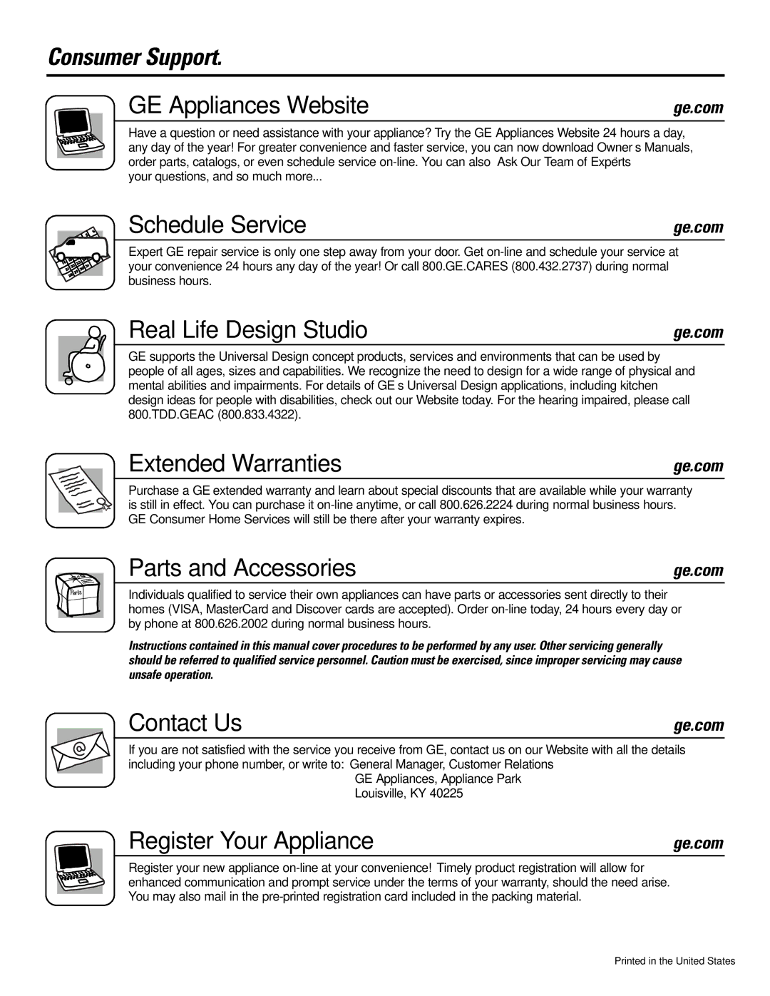 GE WBB6700, EWA6500 Consumer Support GE Appliances Website, Schedule Service, Real Life Design Studio, Extended Warranties 