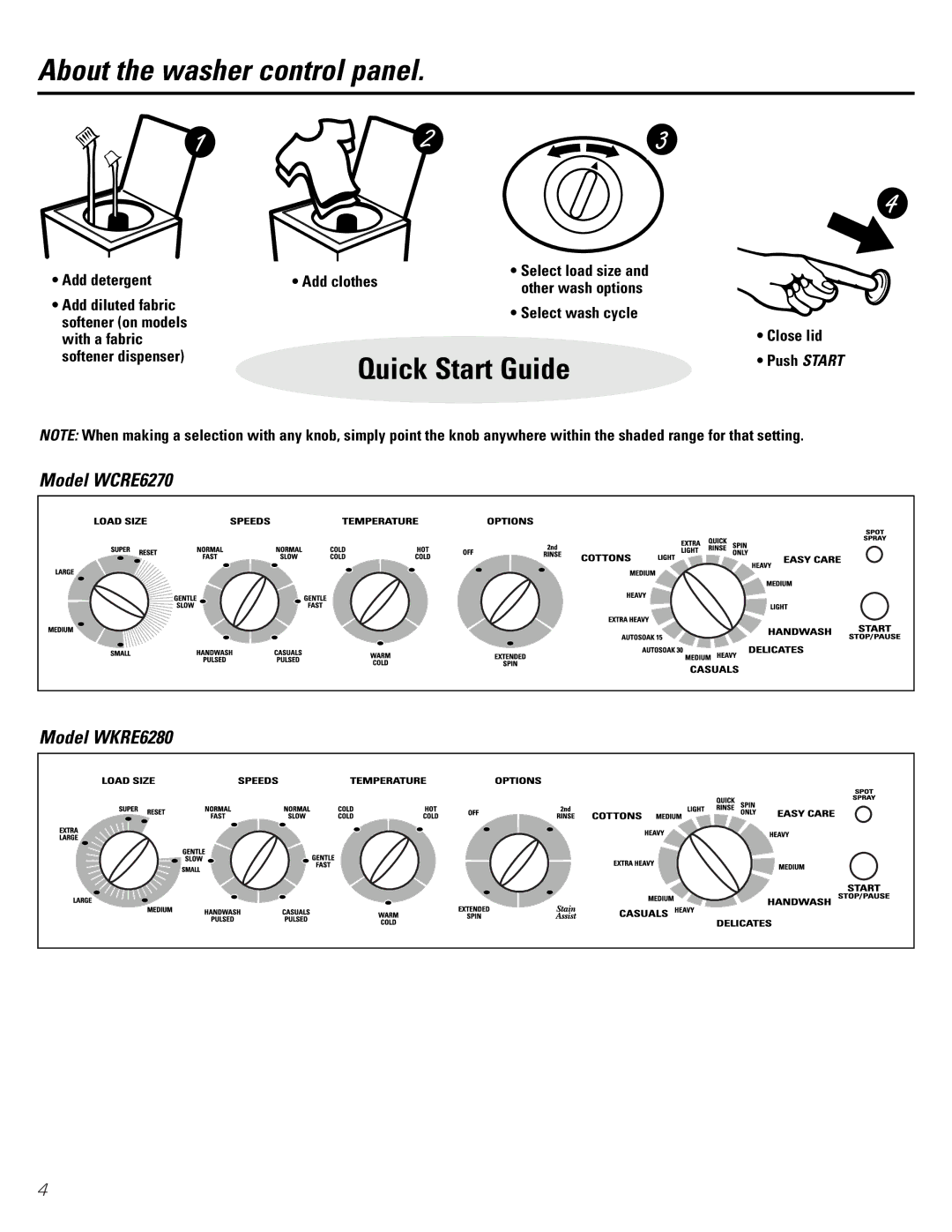 GE WBB6700, EWA6500 owner manual About the washer control panel, Model WCRE6270 Model WKRE6280 