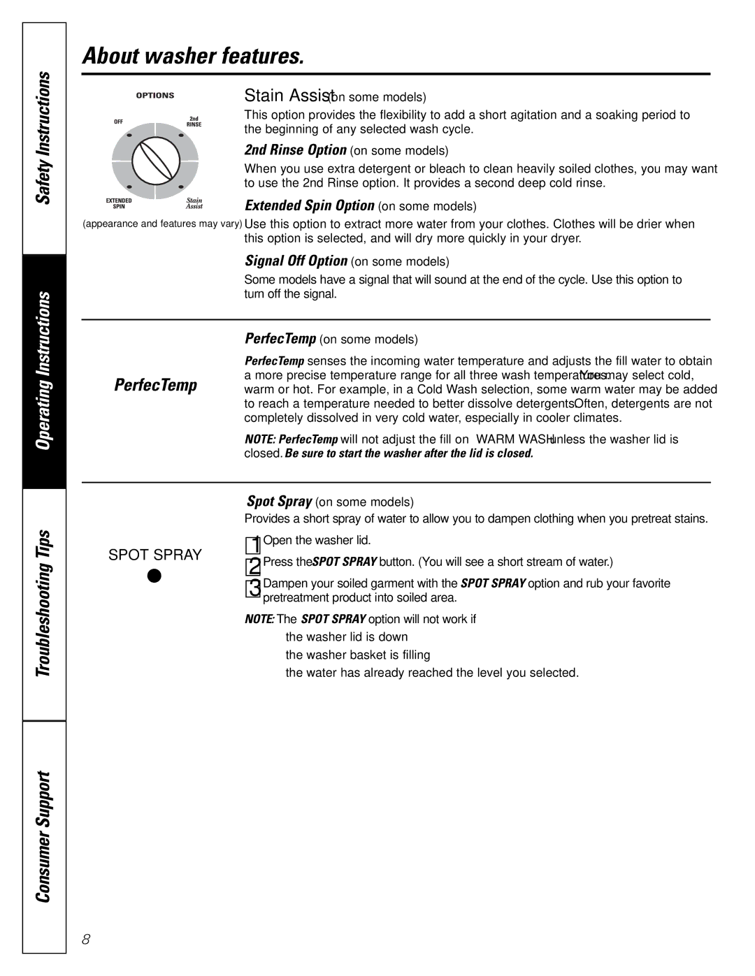 GE WBB6700, EWA6500 owner manual About washer features, 2nd Rinse Option on some models, Extended Spin Option on some models 