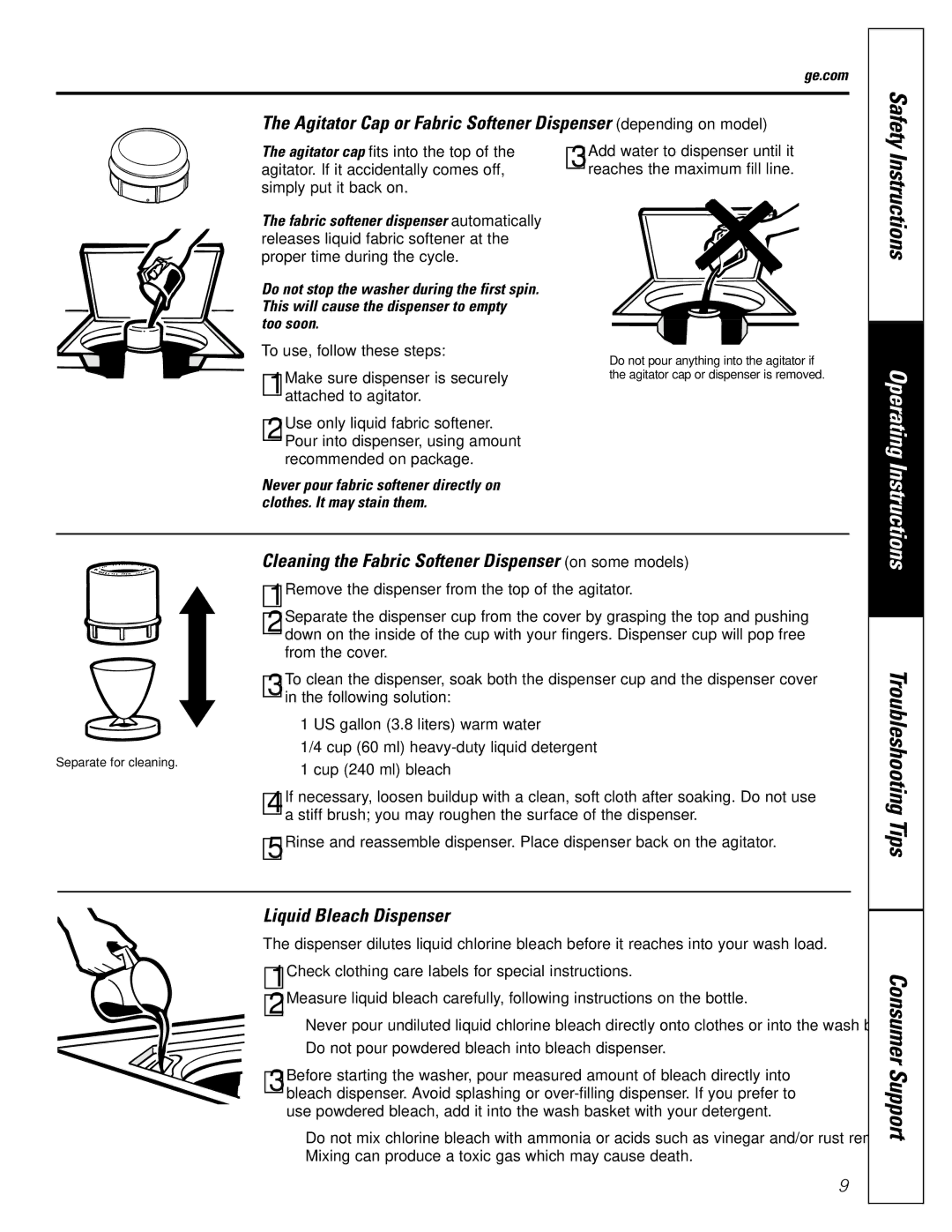 GE EWA6500, WBB6700 owner manual Cleaning the Fabric Softener Dispenser on some models, Liquid Bleach Dispenser 