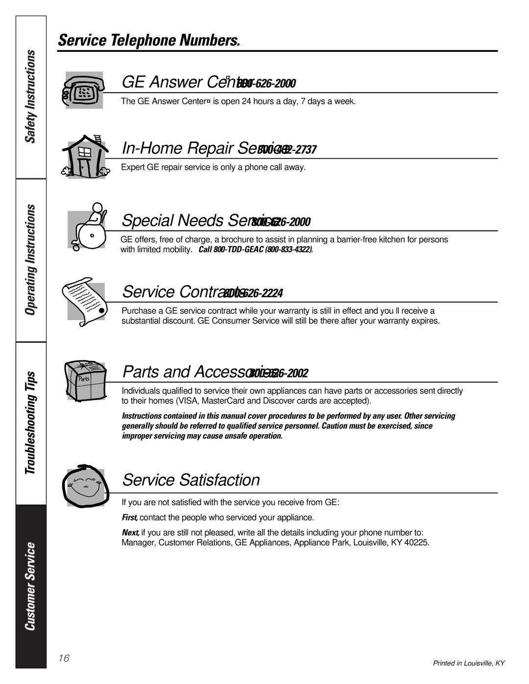 GE WBSE2090 owner manual Service Telephone Numbers, Special Needs Service 