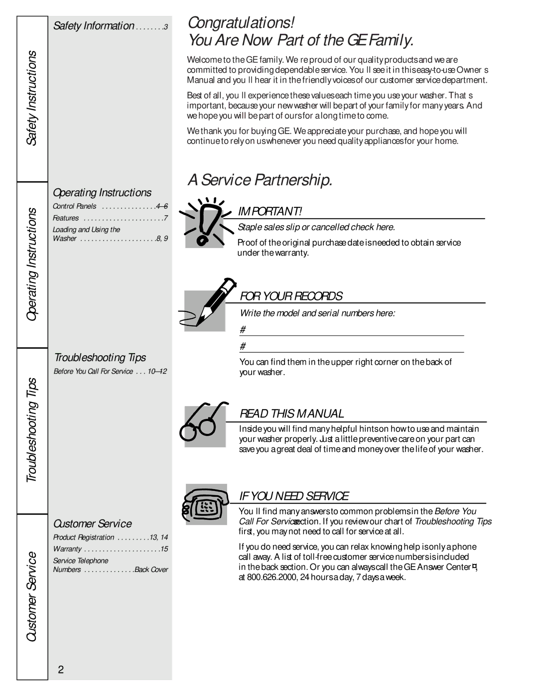 GE WBSE2090 owner manual Congratulations You Are Now Part of the GE Family, Service Partnership 