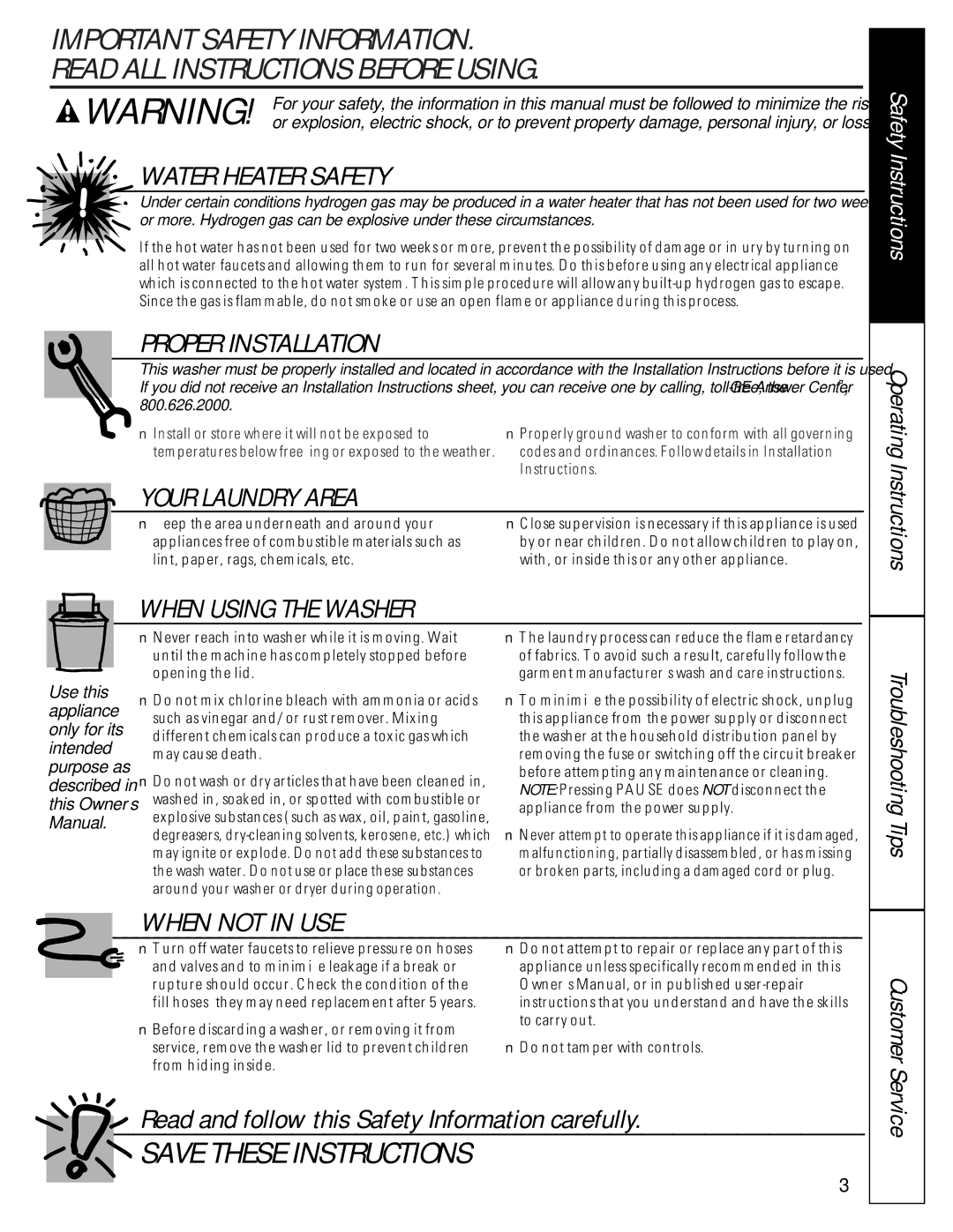 GE WBSE2090 owner manual Water Heater Safety, Customer Service 