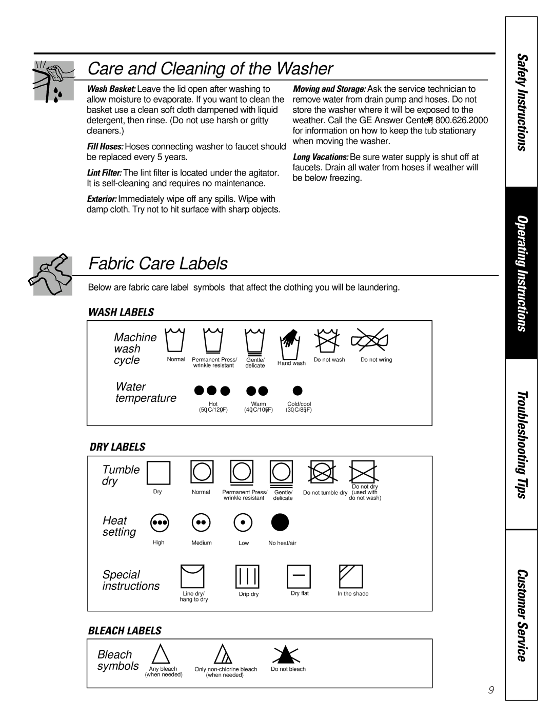 GE WBSE2090 owner manual Care and Cleaning of the Washer 