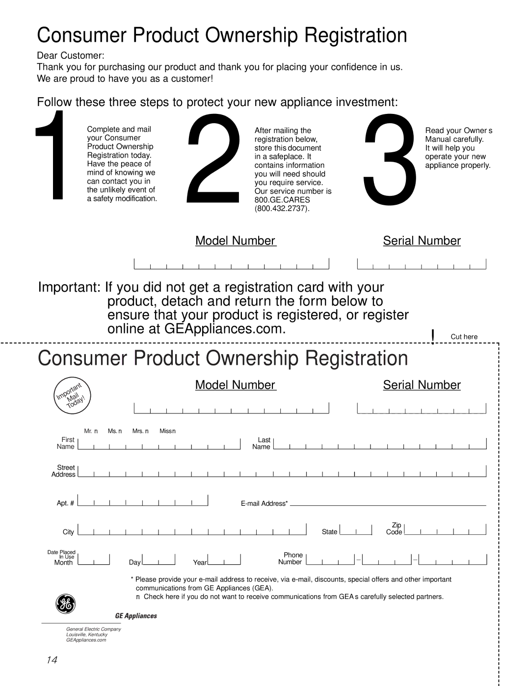 GE WBB5500, WBSE3120, S4200 owner manual Consumer Product Ownership Registration 