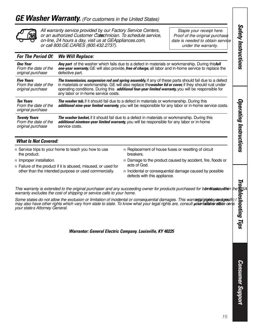 GE WBSE3120, S4200, WBB5500 owner manual For The Period Of We Will Replace 