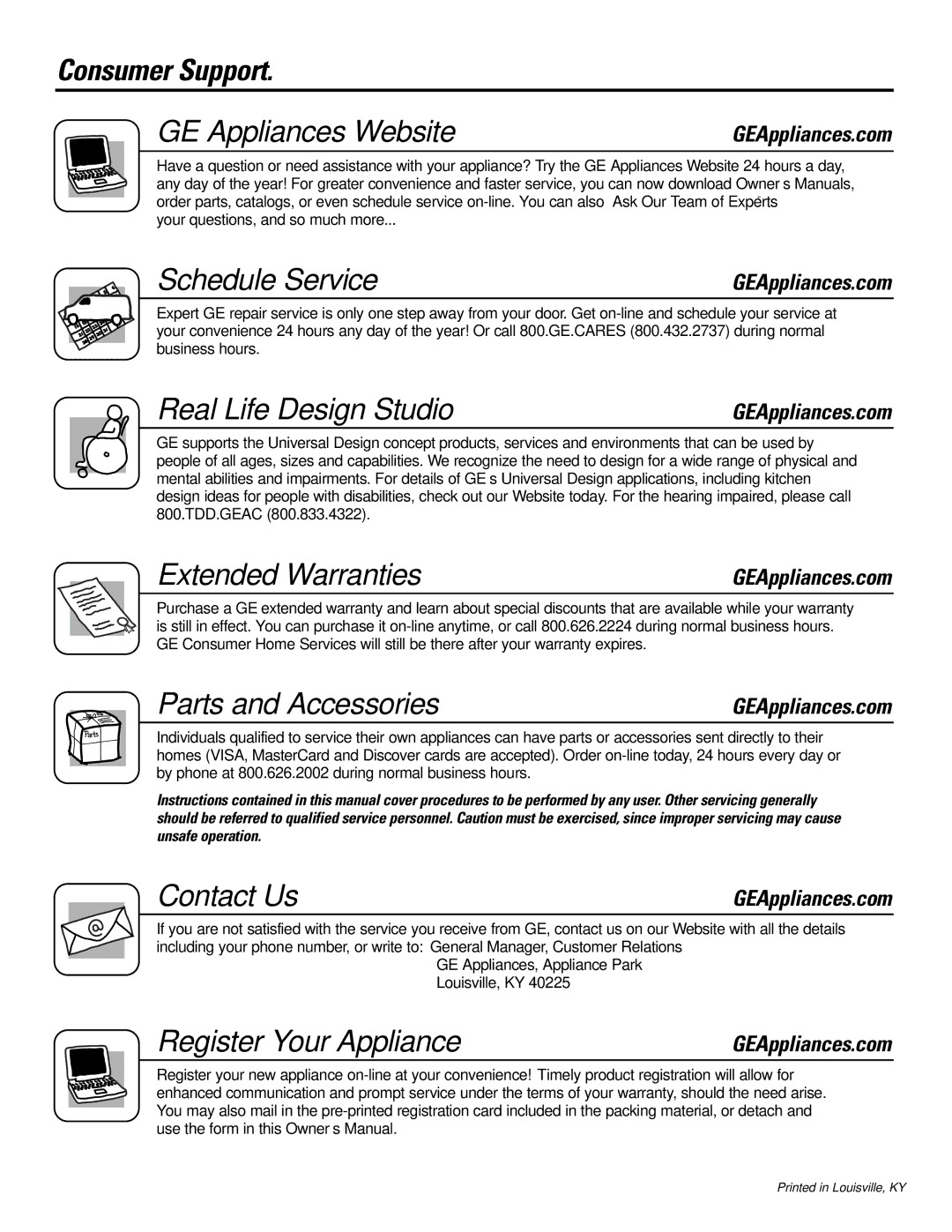 GE S4200, WBSE3120 Consumer Support GE Appliances Website, Schedule Service, Real Life Design Studio, Extended Warranties 