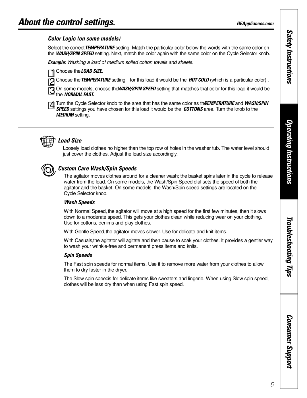 GE WBB5500 About the control settings, Color Logic on some models, Load Size, Custom Care Wash/Spin Speeds, Normal Fast 