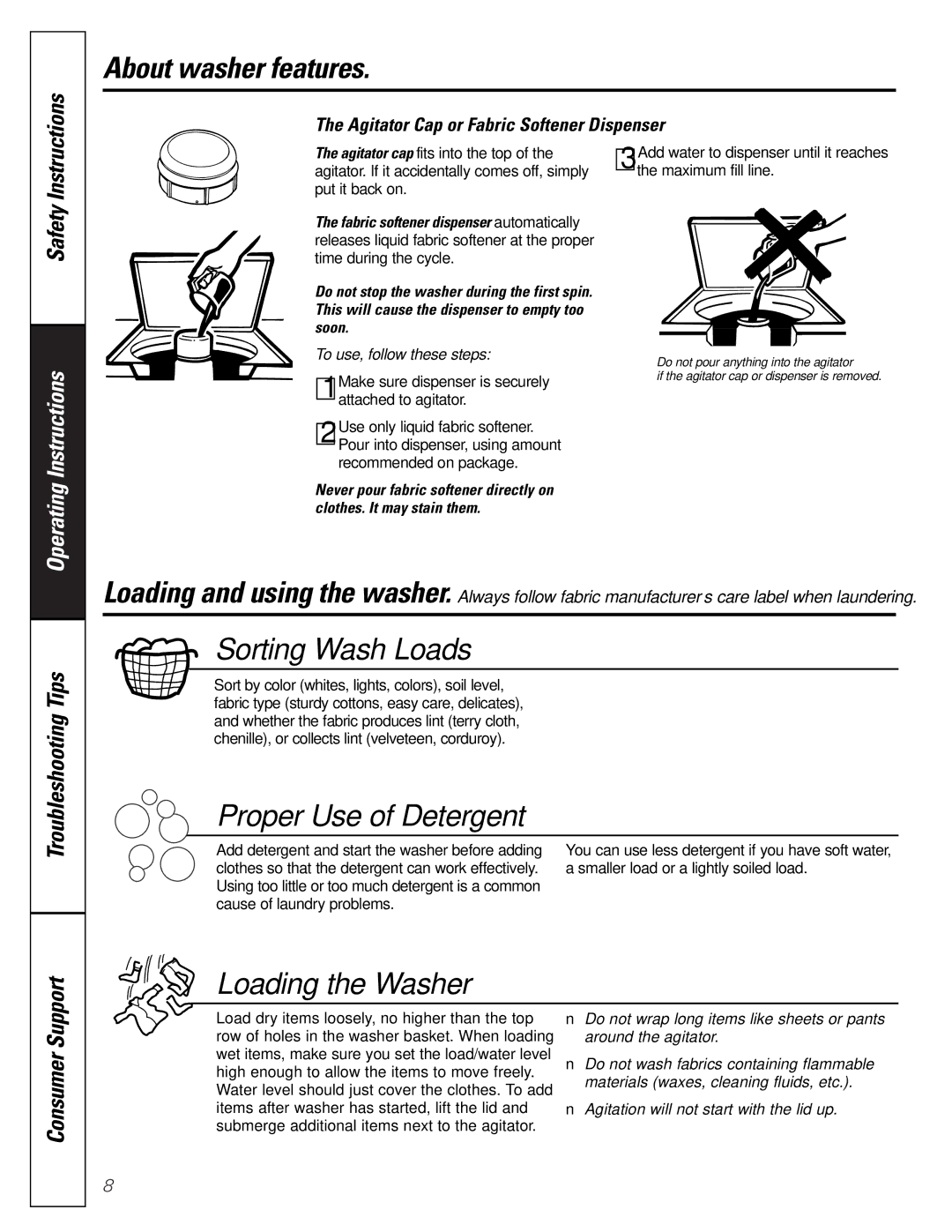 GE WBB5500, WBSE3120, S4200 owner manual About washer features, Agitator Cap or Fabric Softener Dispenser 