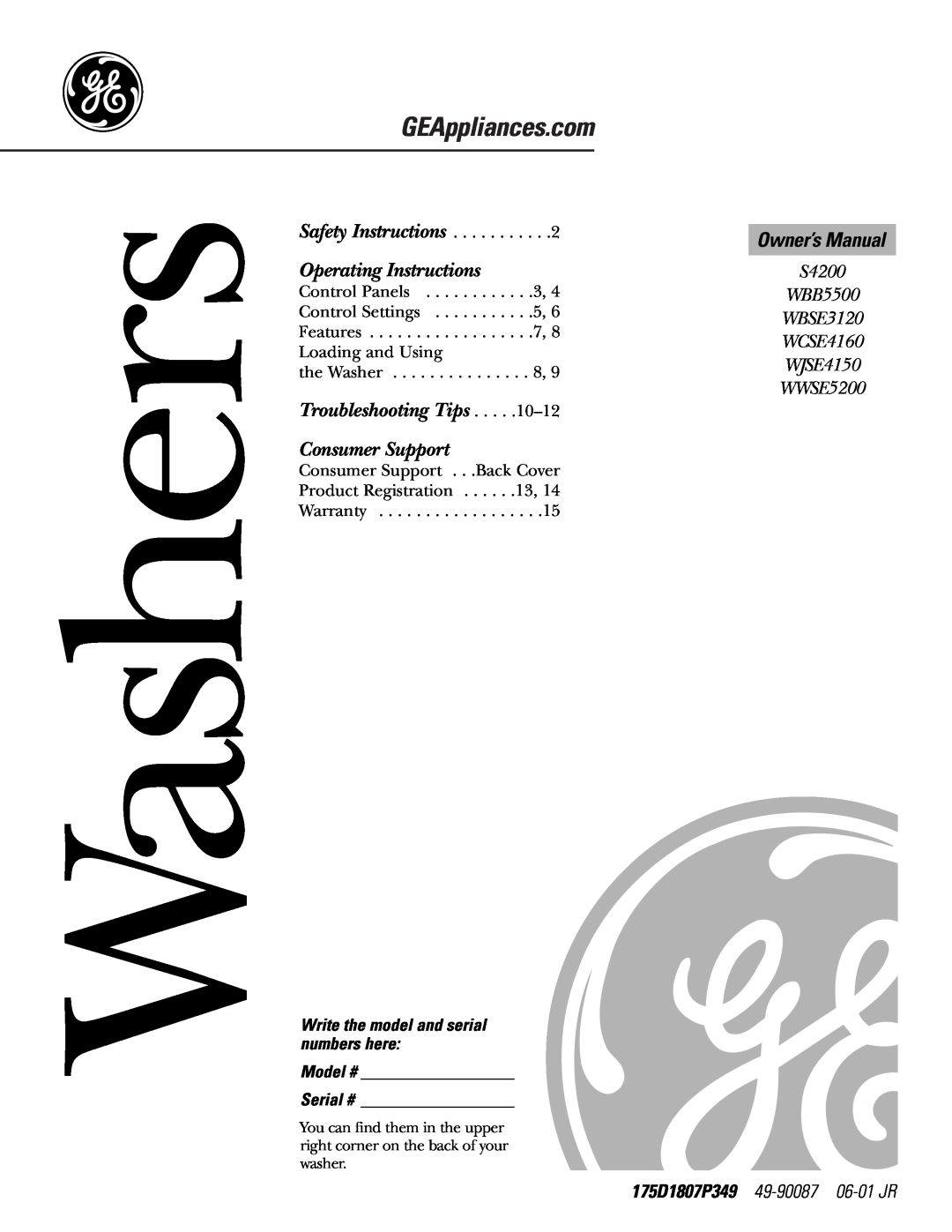GE S4200 owner manual Owner’s Manual, 175D1807P414 49-90150 09-02JR, Washers, Operating Instructions, Consumer Support 