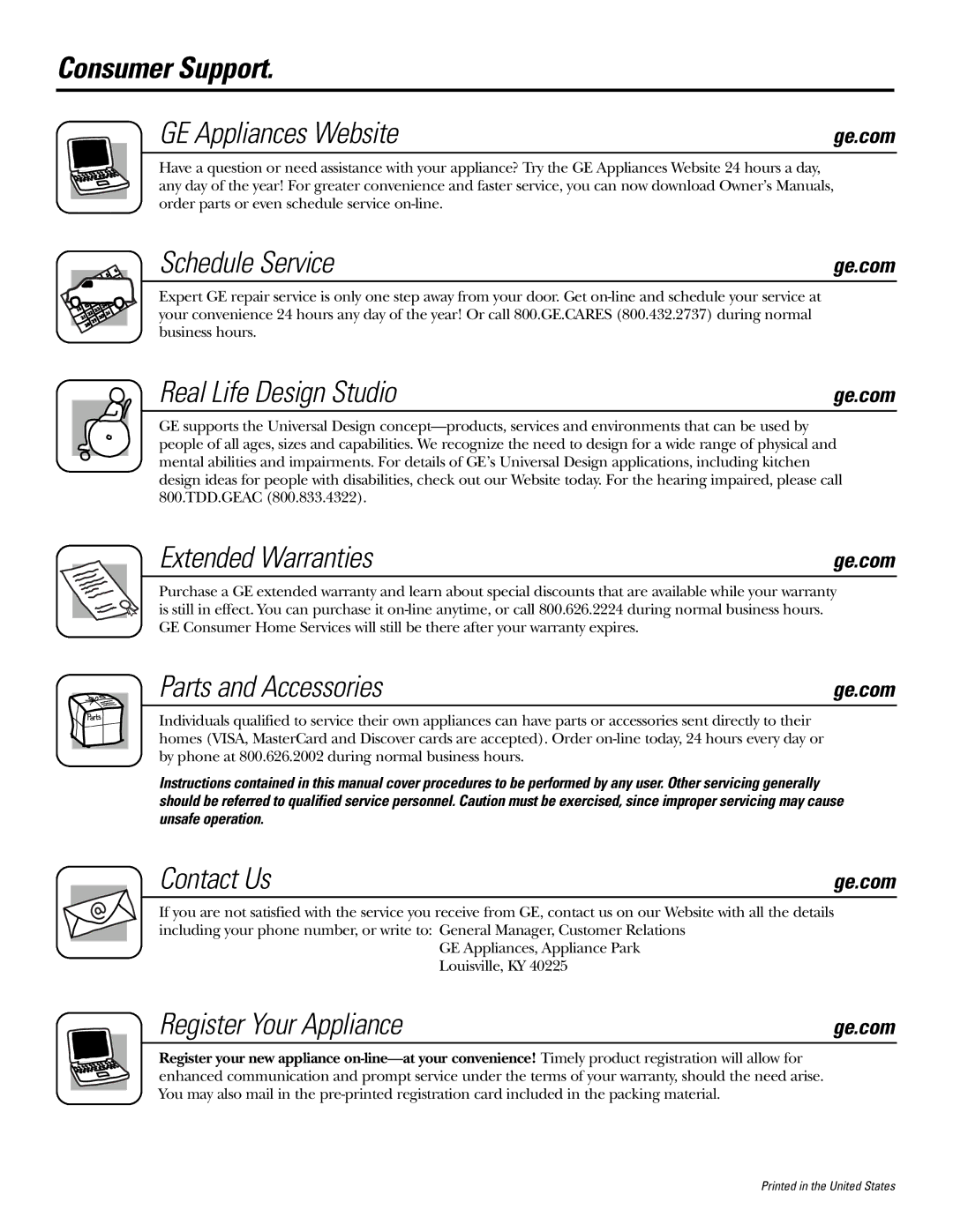 GE WBSR3000 Consumer Support GE Appliances Website, Schedule Service, Real Life Design Studio, Extended Warranties 