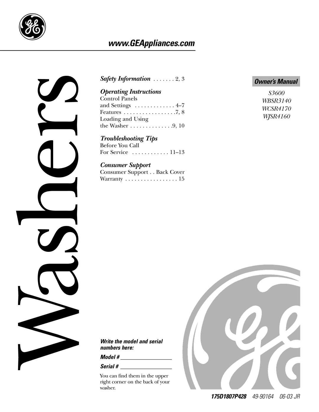 GE S3600, WBSR3140 owner manual Washers 