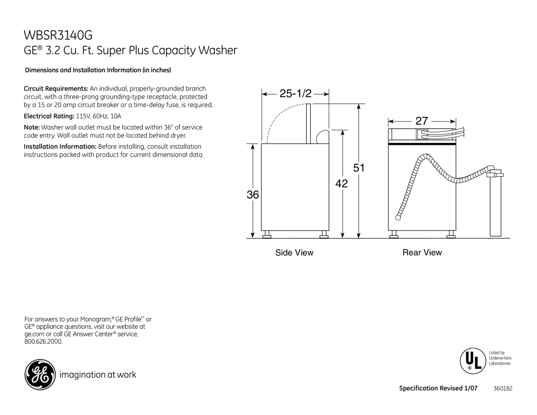 GE WBSR3140GWW installation instructions GE 3.2 Cu. Ft. Super Plus Capacity Washer, 25-1/2 