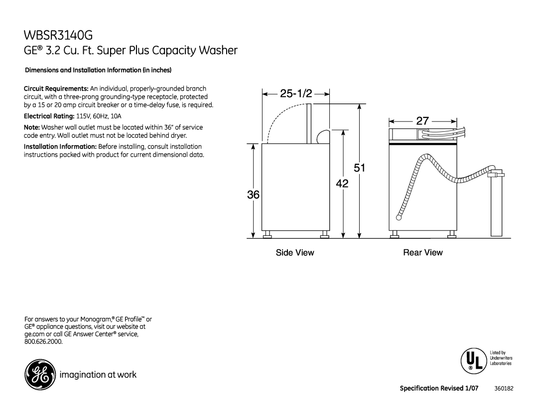 GE WBSR3140G installation instructions GE 3.2 Cu. Ft. Super Plus Capacity Washer, 25-1/2, Side View, Rear View 