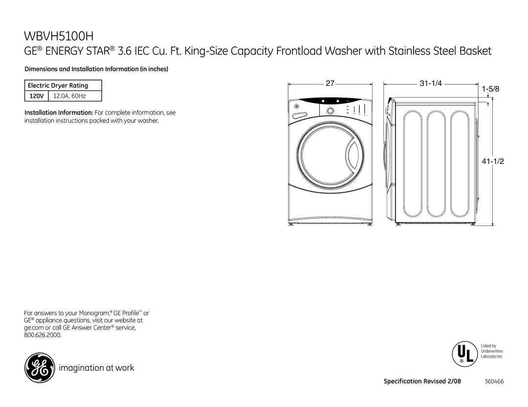 GE WBVH5100H dimensions Specification Revised 2/08 