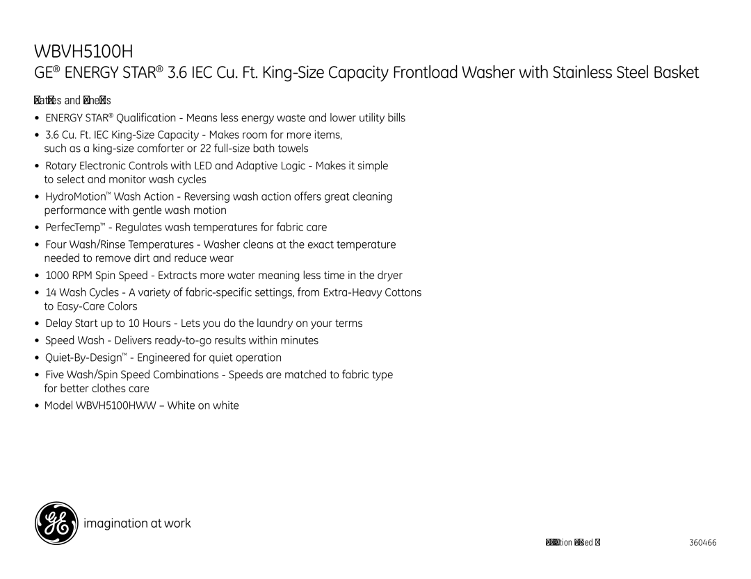 GE WBVH5100H dimensions Features and Benefits 