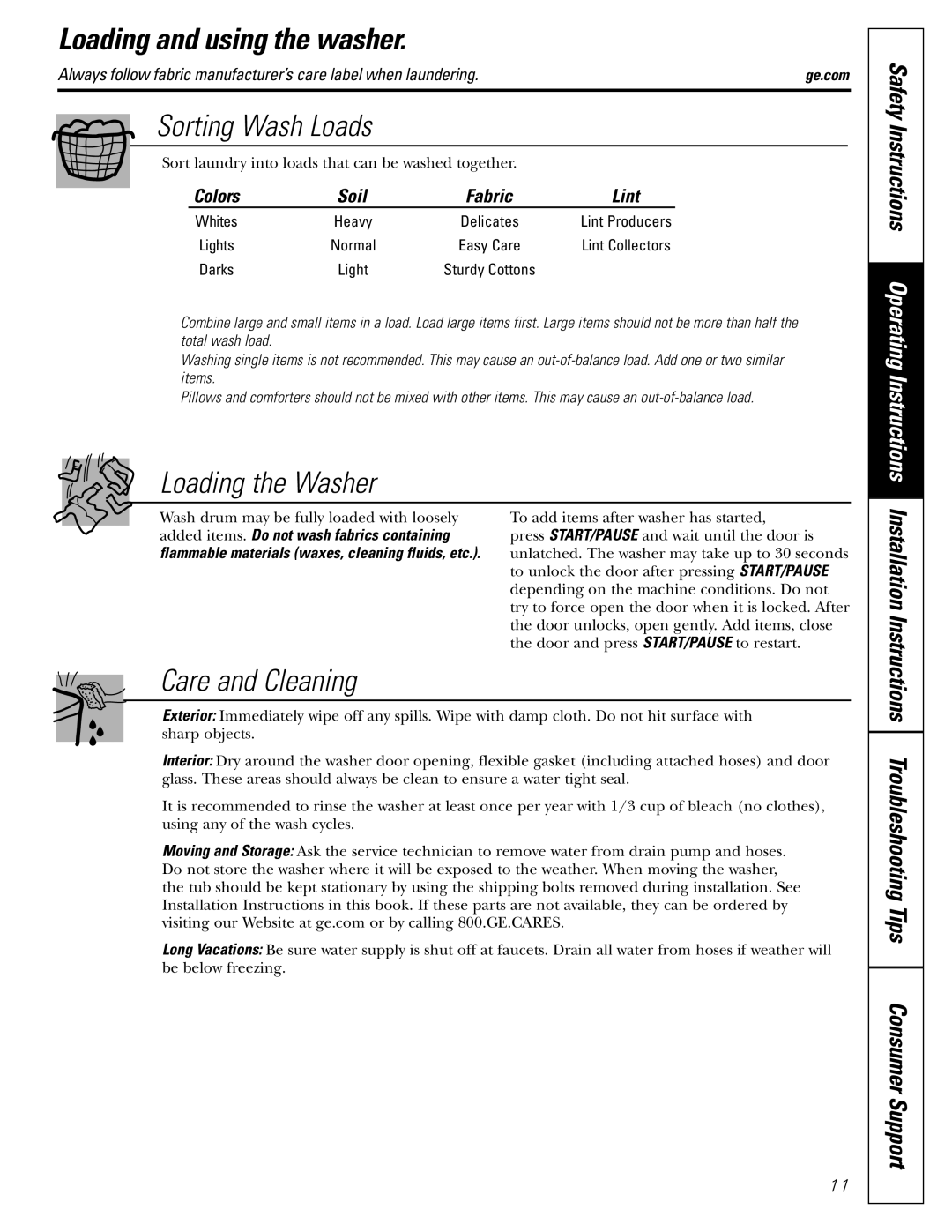 GE WBVH5200 operating instructions Loading and using the washer, Sorting Wash Loads, Loading the Washer, Care and Cleaning 